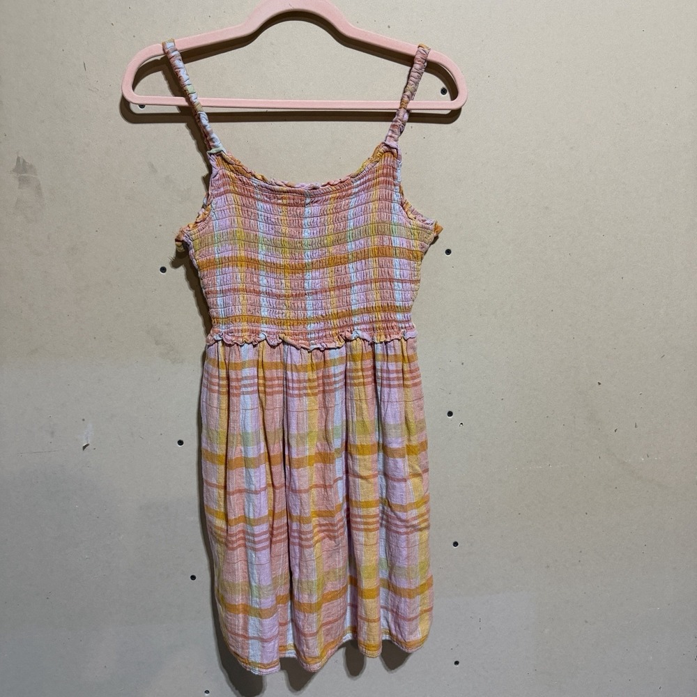American Eagle Linen Blend Smocked Cutout Plaid Mini Dress Pastel Pink Small S